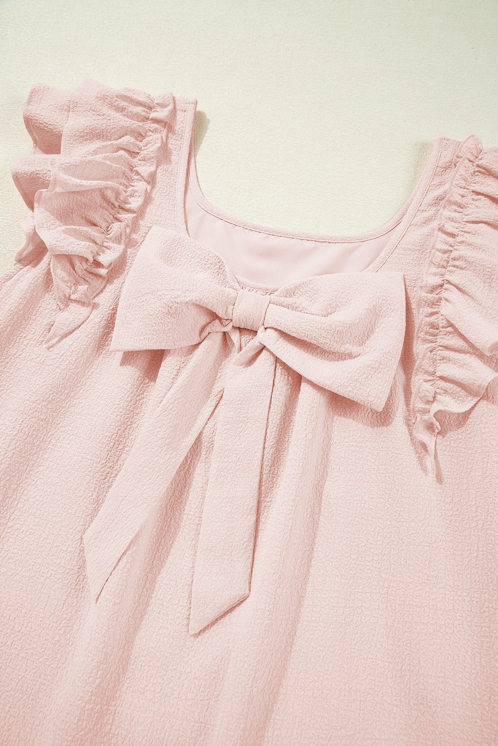 Beau Blue Textured Bow Knot Frilled Butterfly Sleeve Blouse