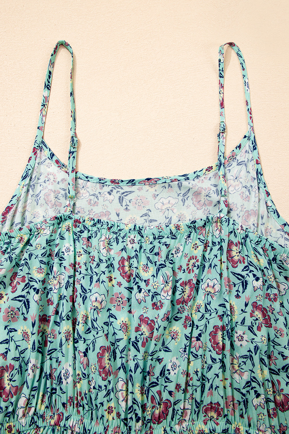 Green Bohemian Floral Ruffle Bottom Spaghetti Strap Jumpsuit