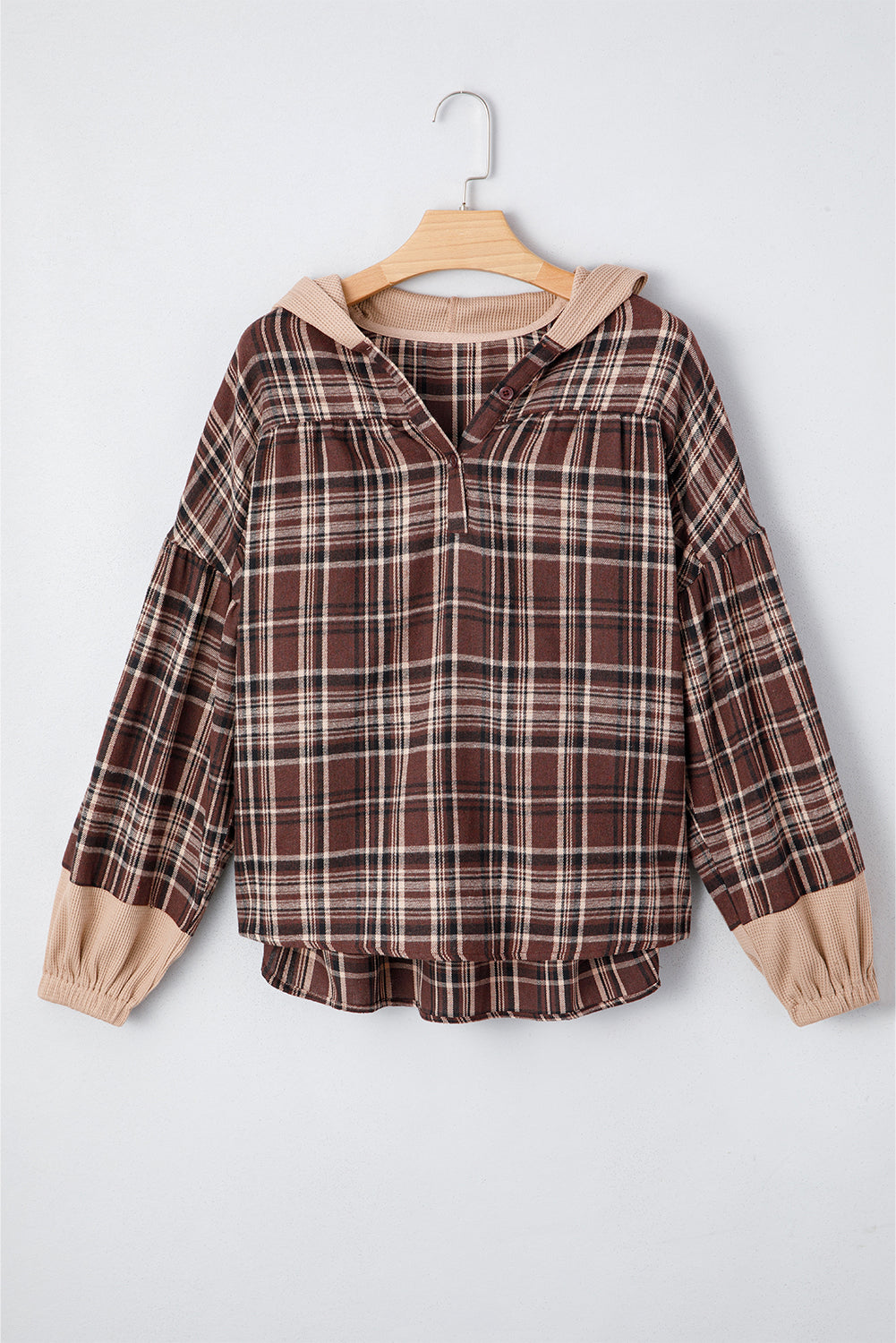 Gray Plaid Patchwork Long Sleeve Button Hooded Blouse
