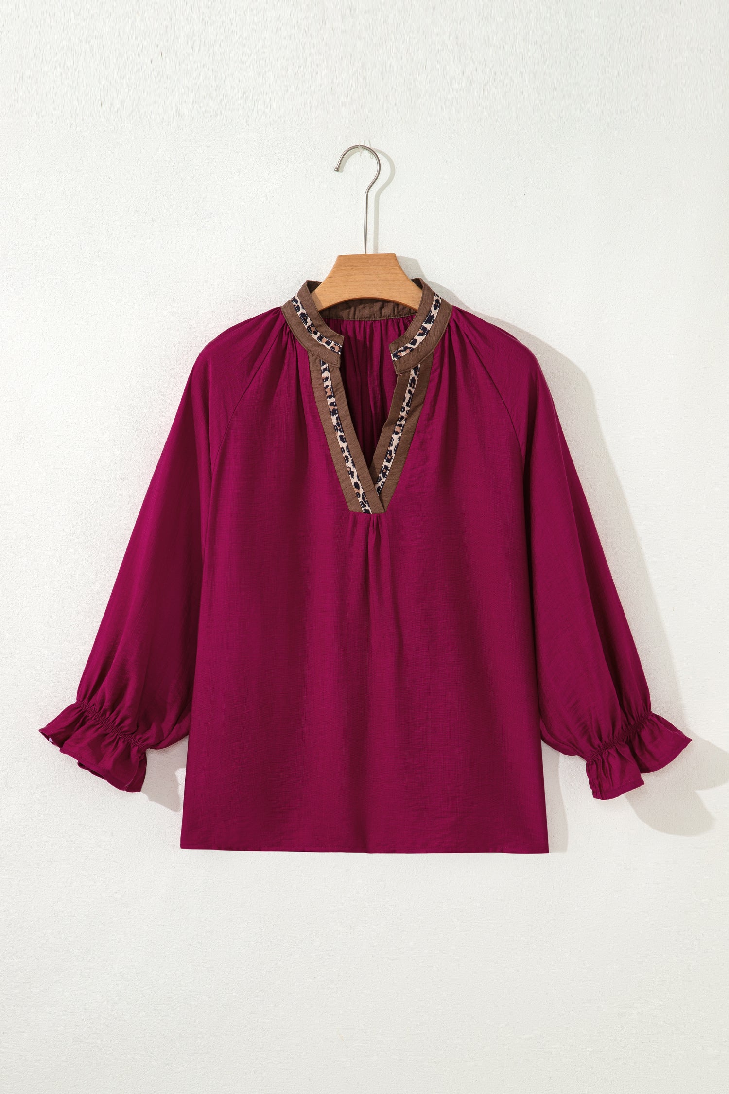 Dirty blue Leopard Trim V Neck Flounced Bracelet Sleeve Blouse