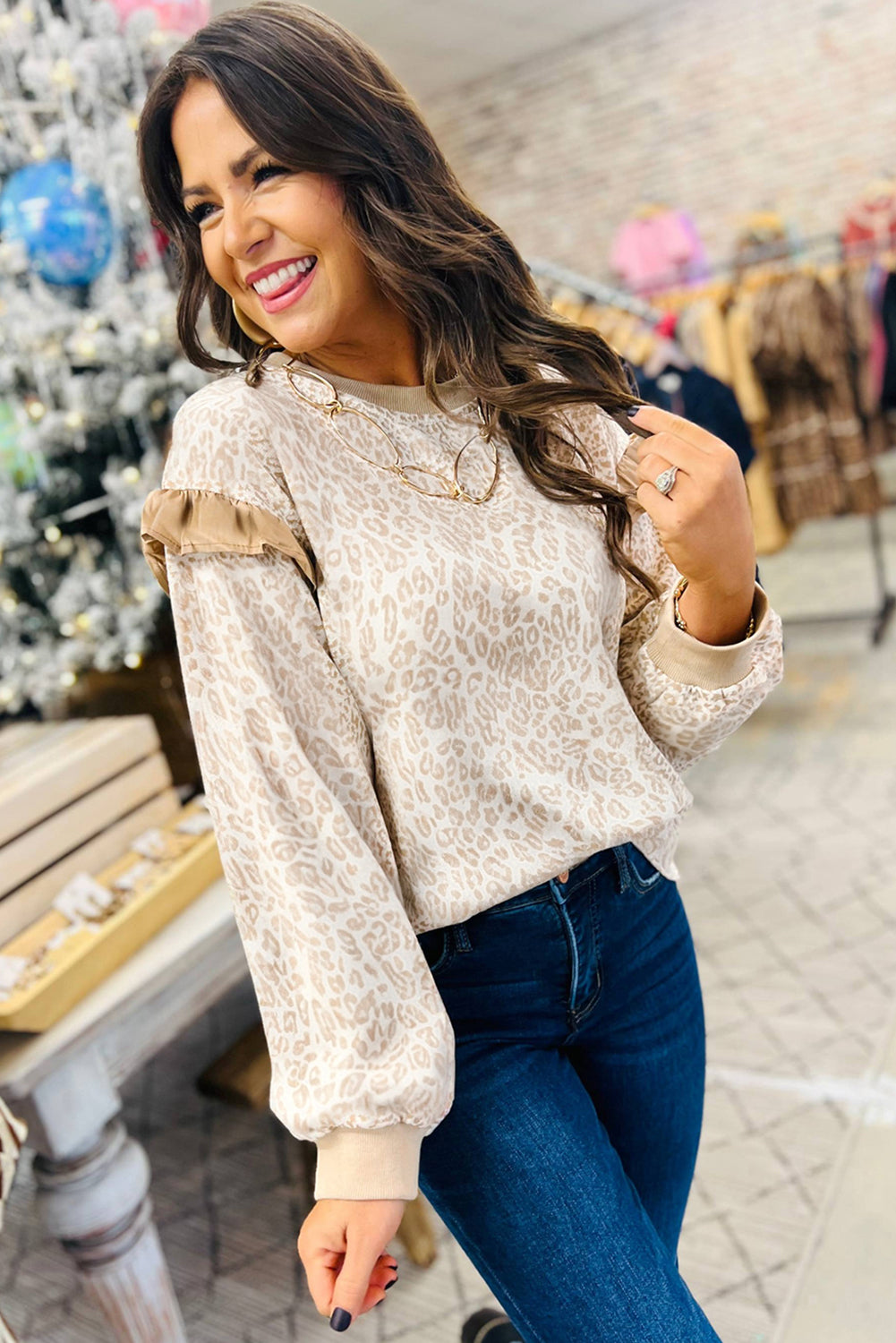 Khaki Plus Size Ruffled Arm Leopard Sweatshirt