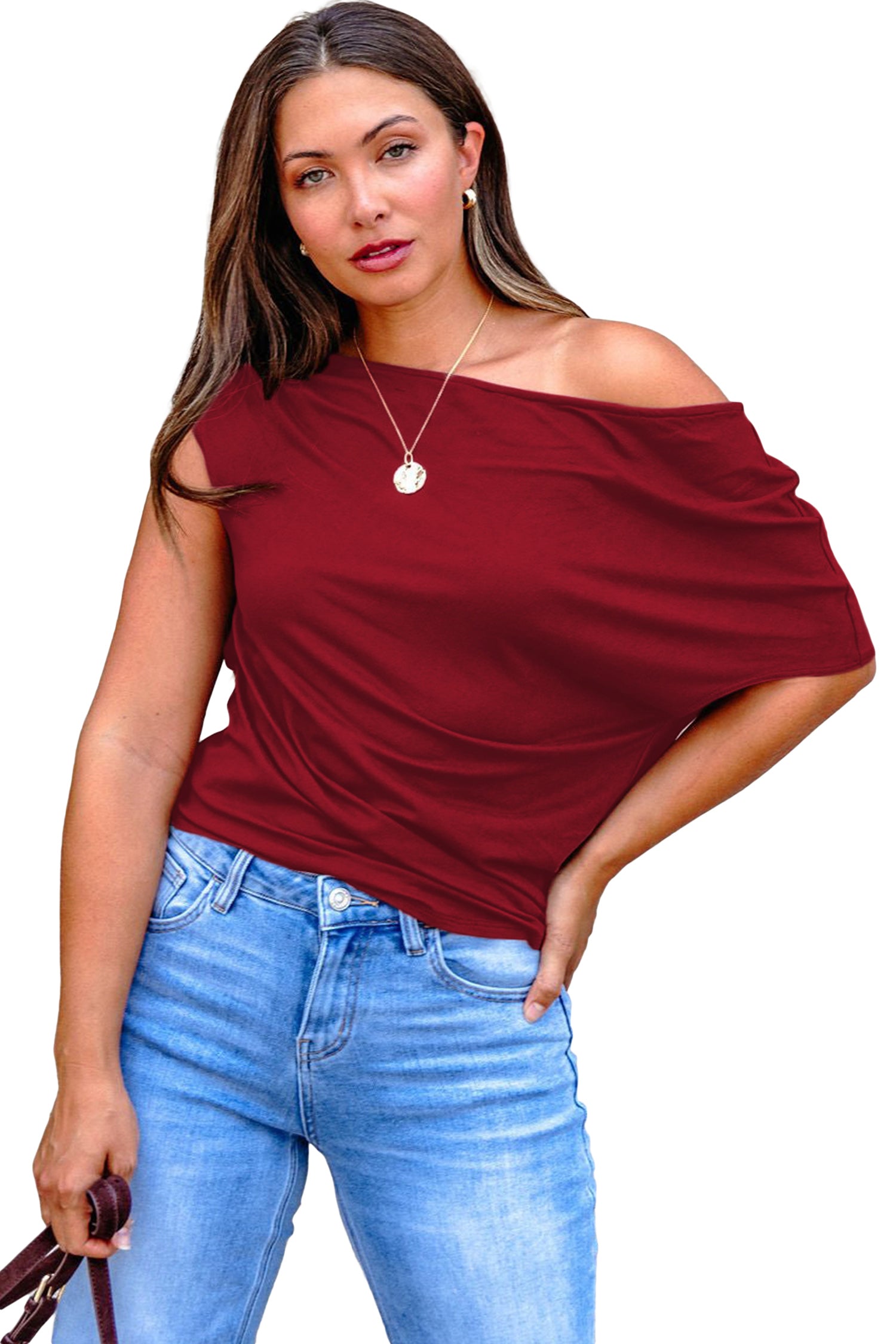 Coffee Plus Size Solid Color Asymmetric Neck Short Sleeve Blouse