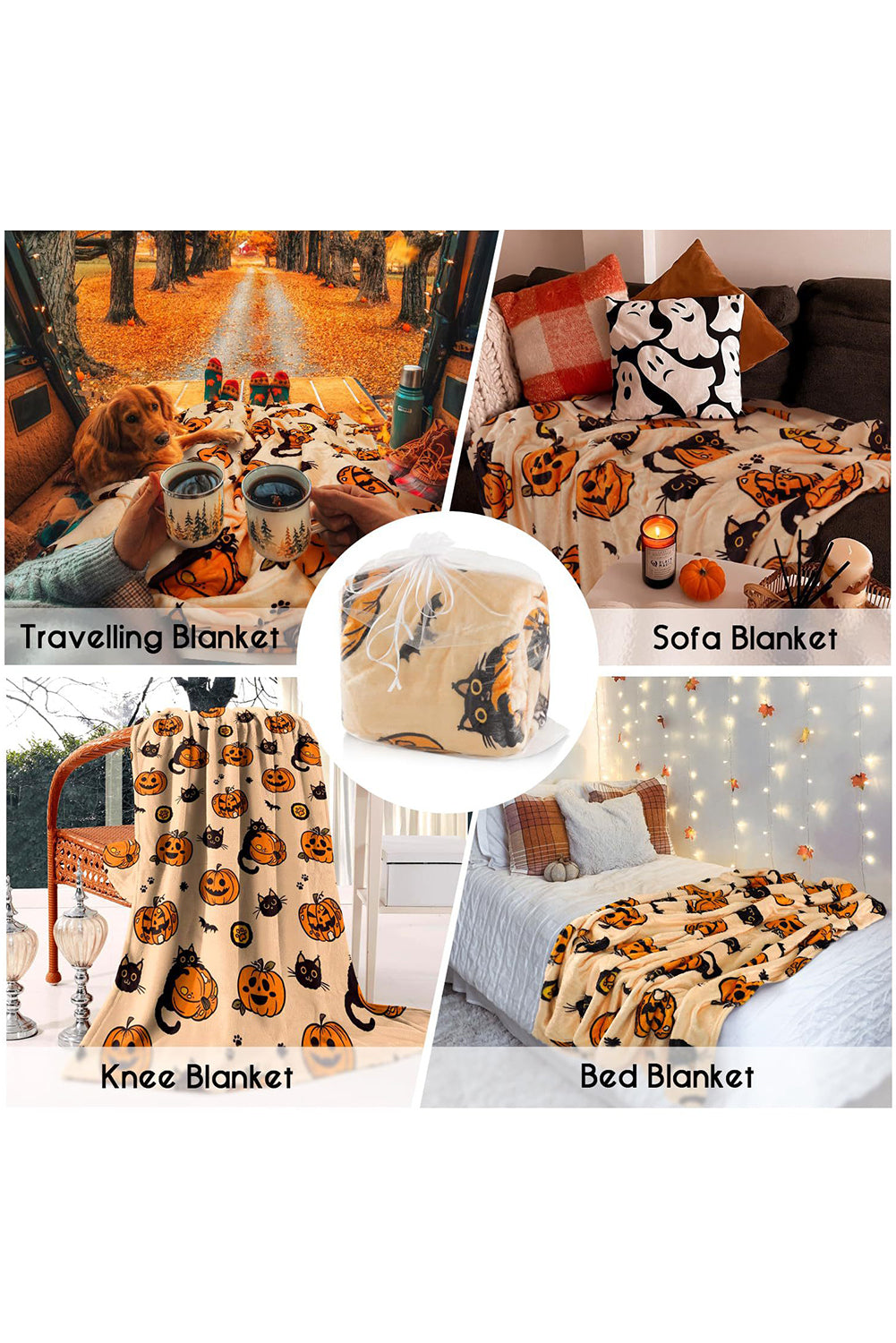 Russet Orange Halloween Pumpkin Cat Printed Fleece Blanket