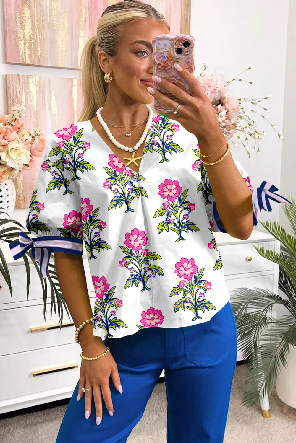 White Floral Puff Short Sleeve V Neck High Waist Maxi Dress