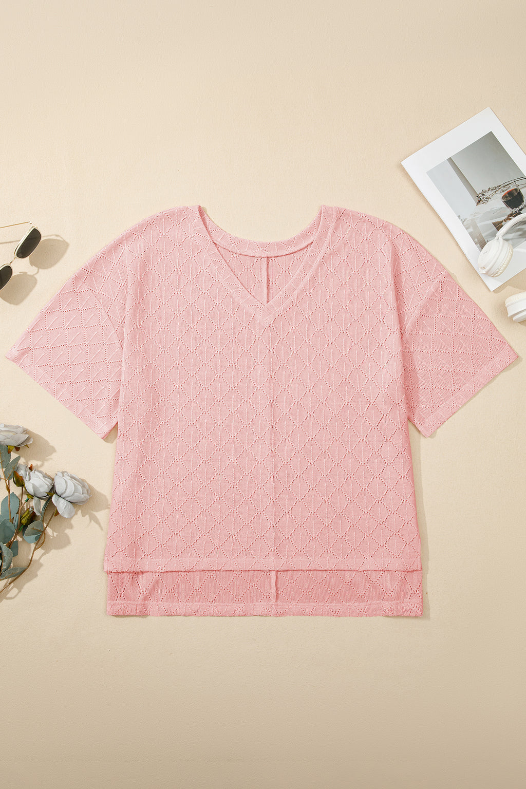 White Pointelle Rhombus Knit Plus Size V Neck Loose Top