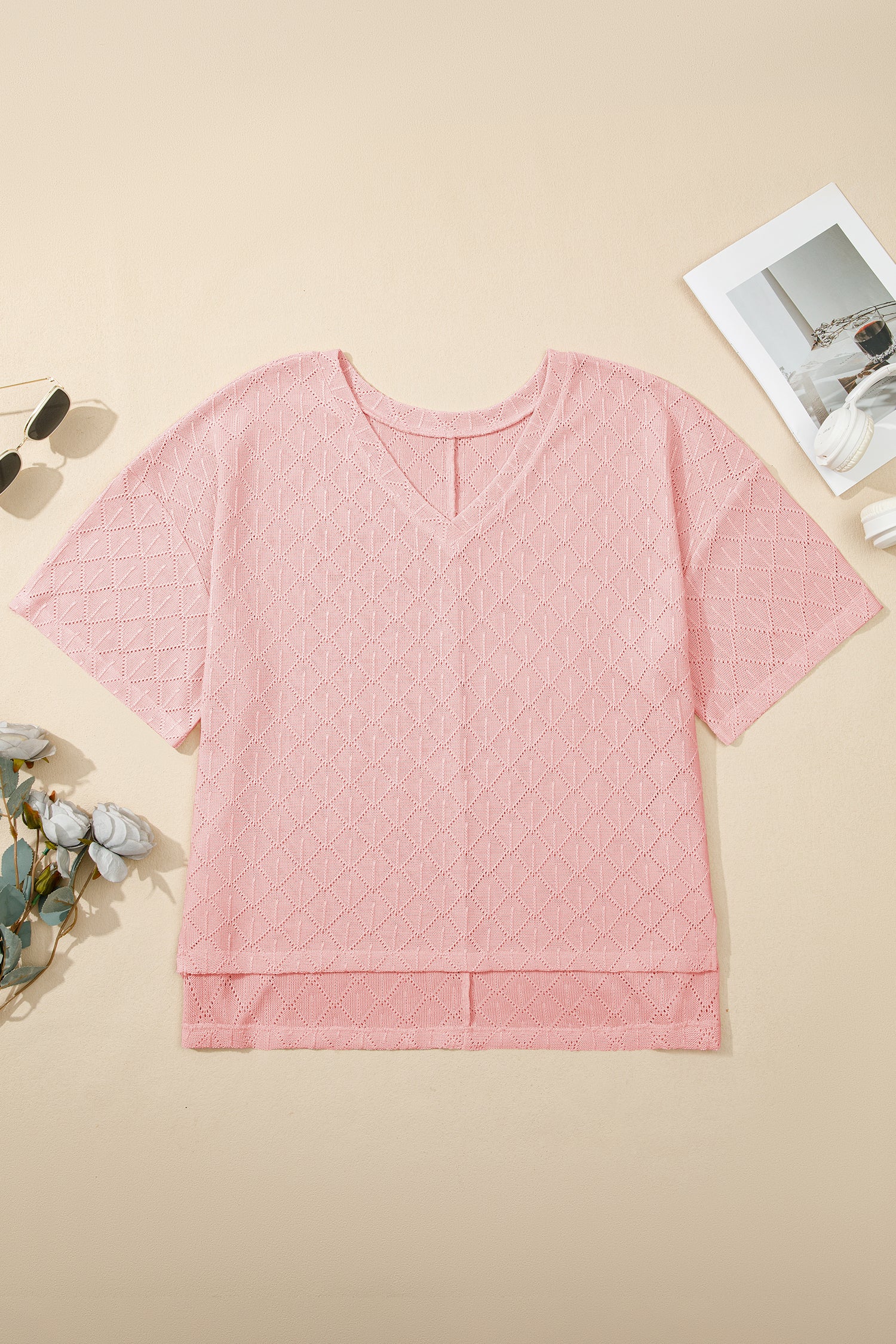 White Pointelle Rhombus Knit Plus Size V Neck Loose Top