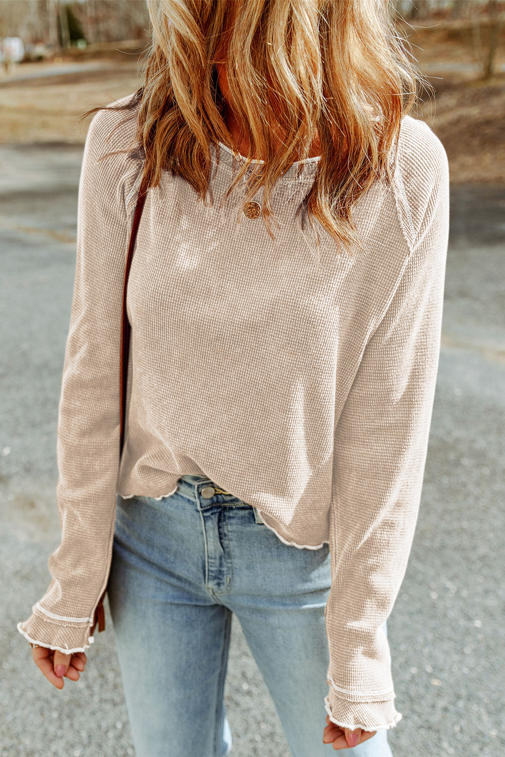Smoke Gray Textured Round Neck Long Sleeve Top