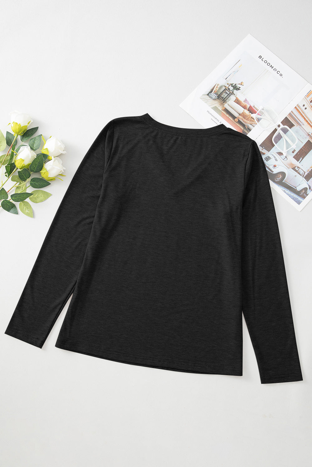 Grass Green Solid Color V Neck Long Sleeve Stretchy Top
