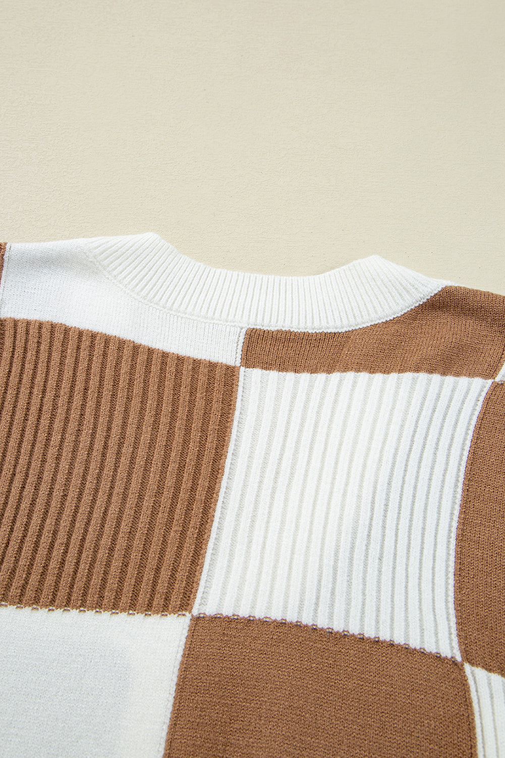 Khaki Checkered Ribbed Texture Knit Plus Size Cardigan Sweater