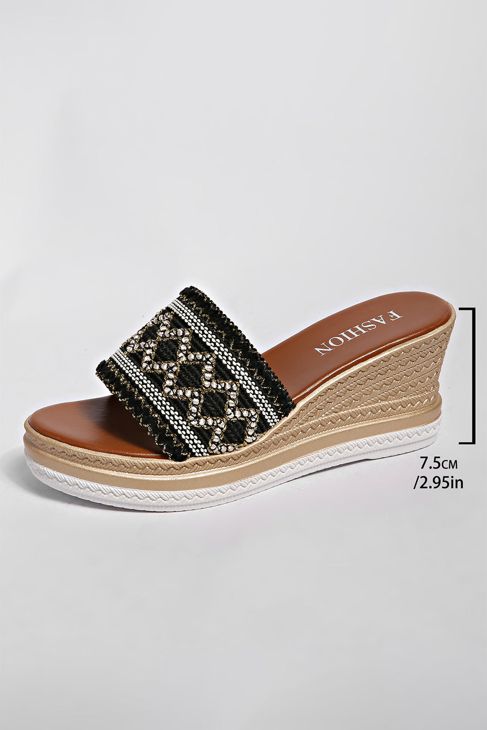 Black Woven Band PU Leather Wedge Slippers