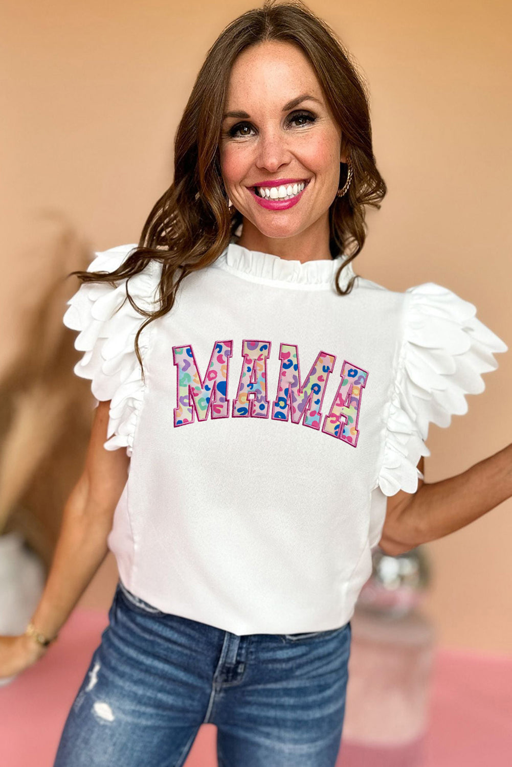Bright Pink Solid Color Scalloped Ruffle Sleeve Top