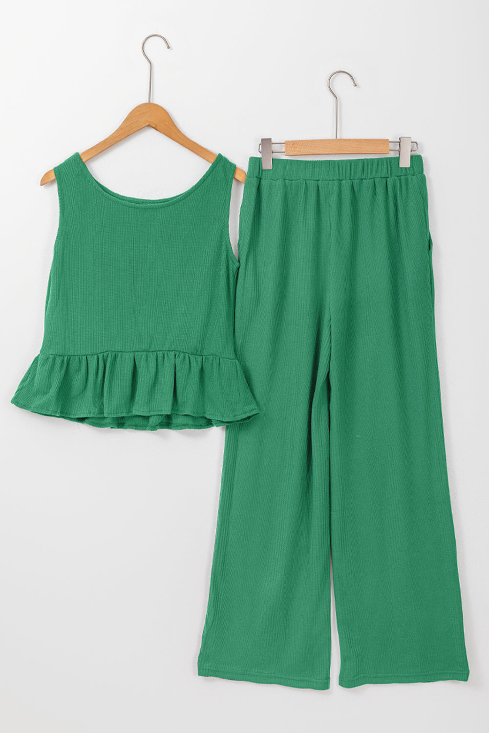 Beau Blue Solid Color Ribbed Ruffle Tank Top and Pants Set
