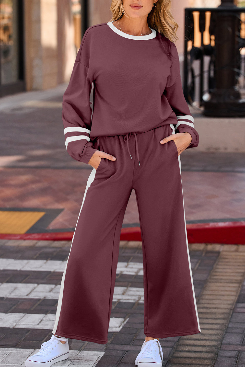 Gray Varsity Stripe Patchwork Puff Sleeve Pullover Drawstring Wide Leg Pant Set