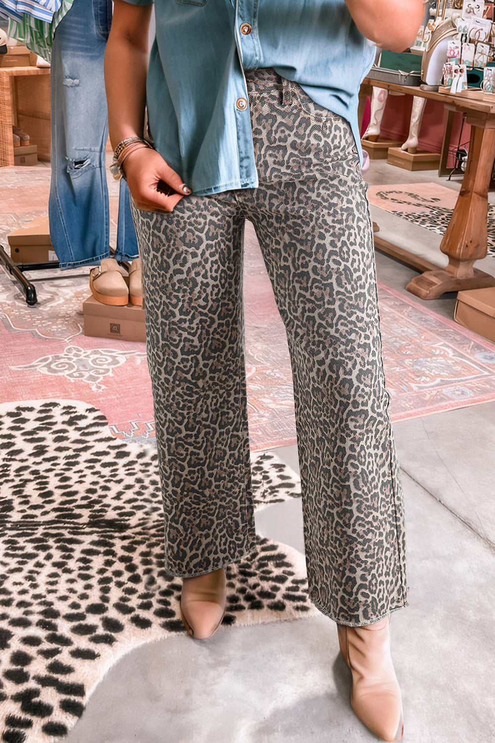 Rose Leopard Frayed Edge Wide Leg High Waist Jeans