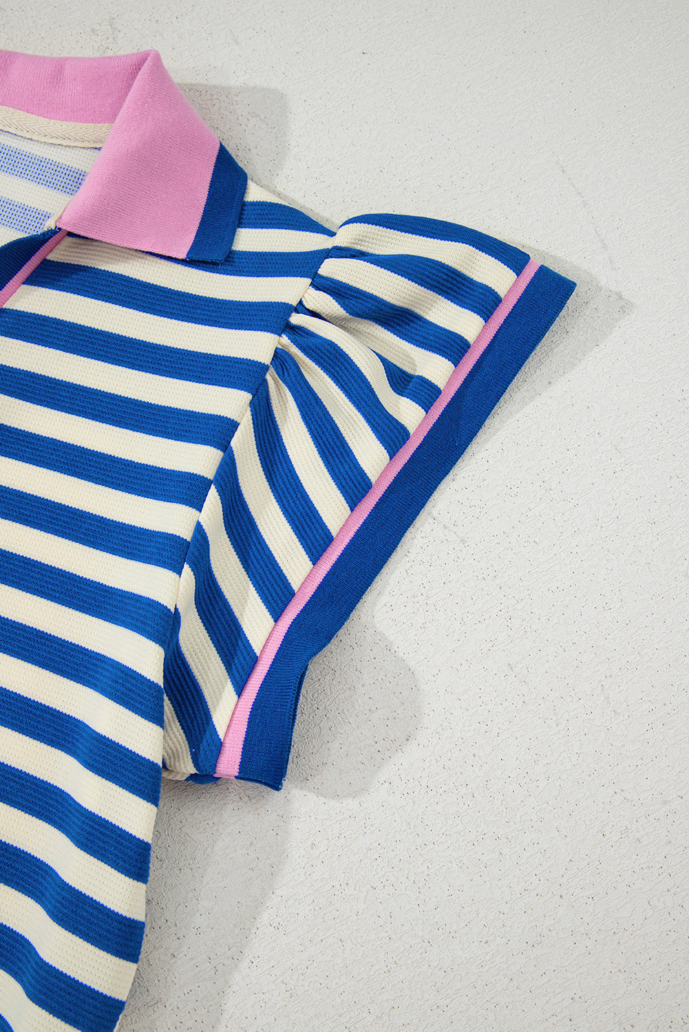 Sachet Pink Stripe Print Contrast Collar Split Neck Flutter Sleeve Short Dress