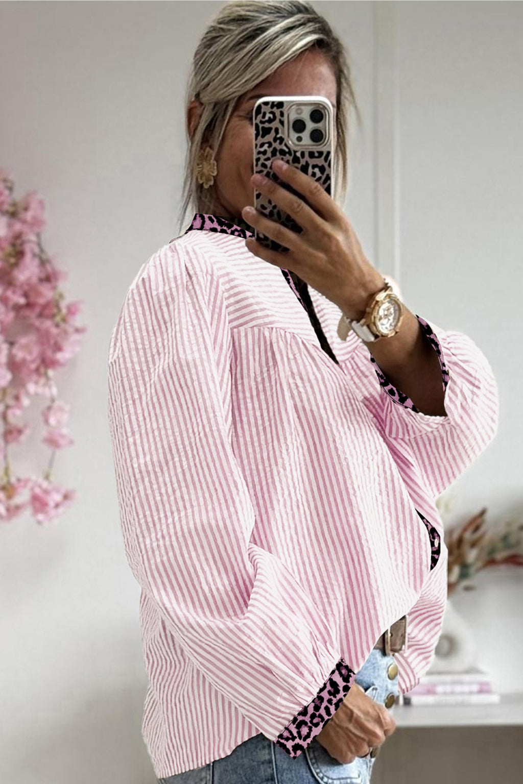 Brown Stripe Leopard Patchwork Long Sleeve Shirt