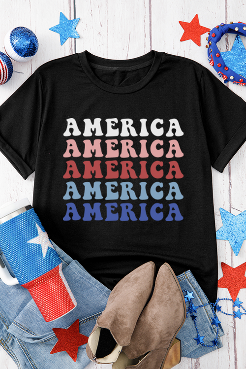 Black Colorful AMERICA Print Crewneck Patriotic T Shirt