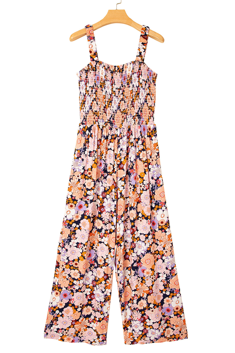 Green Floral Print Smocked High Waist Square Neck Jumpsuit