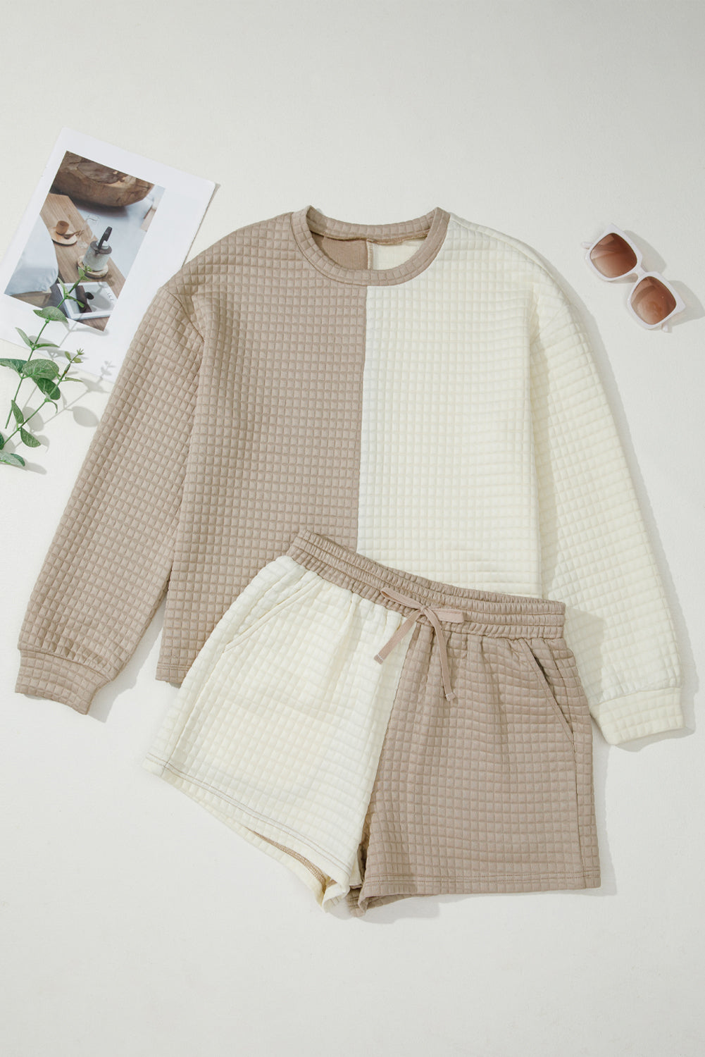 Khaki Color Block Patchwork Textured Long Sleeve Top 2pcs Short Set