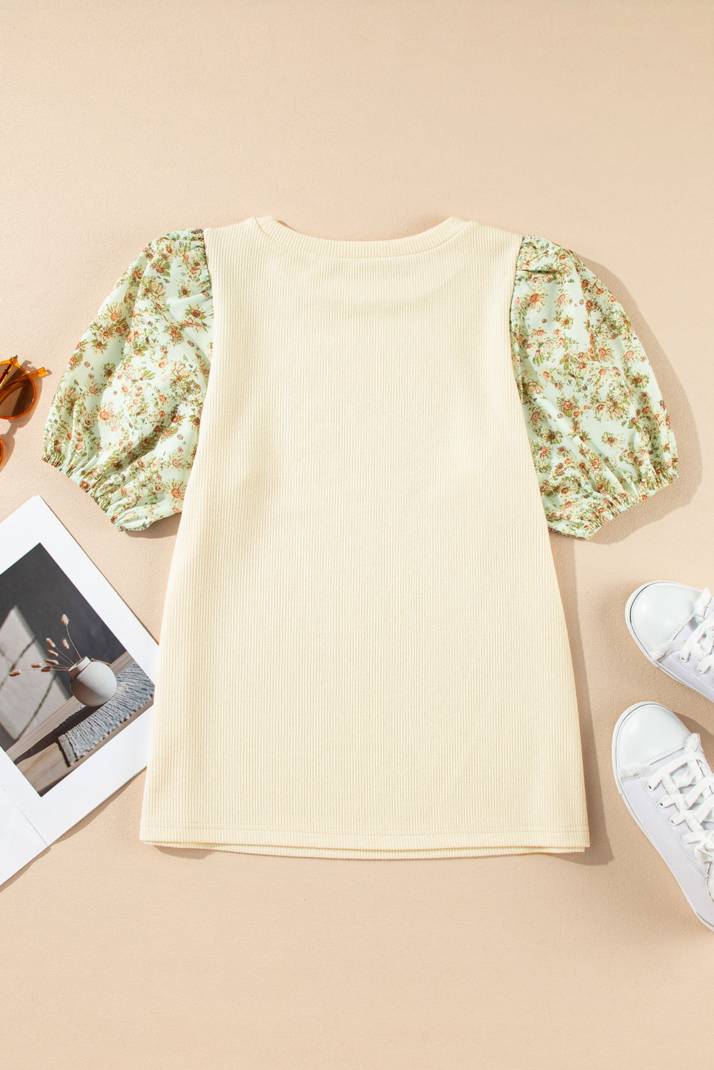 Beige Contrast Floral Bubble Sleeve Patchwork Ribbed Top