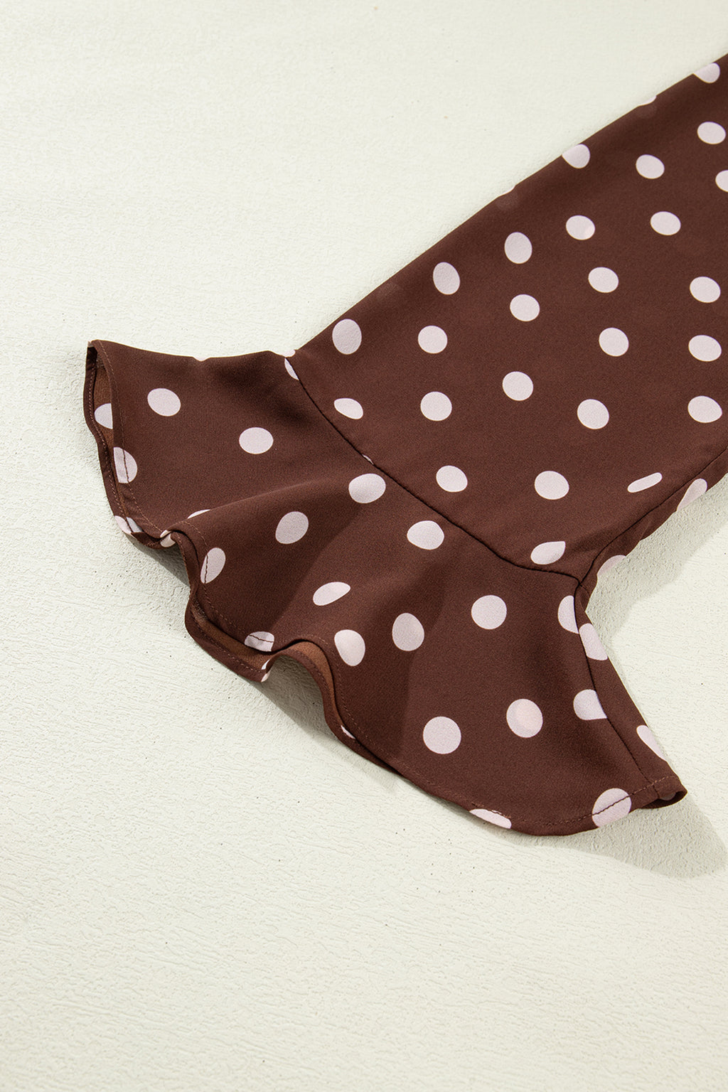 Coffee Polka Dot Print Ruffle Trim V Neck Long Bell Sleeve Blouse