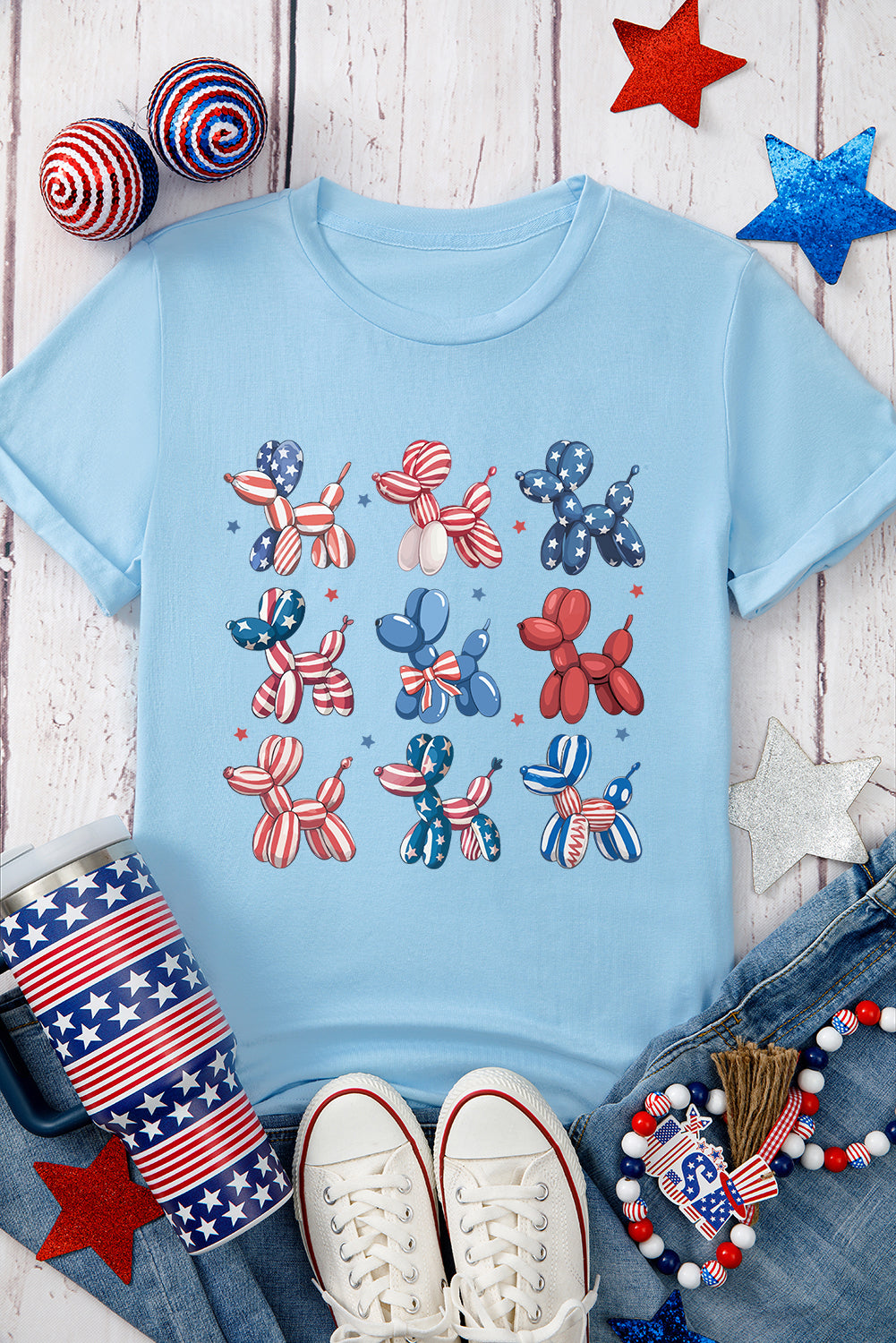 Light Blue American Flag Balloon Dogs Print Crew Neck T Shirt