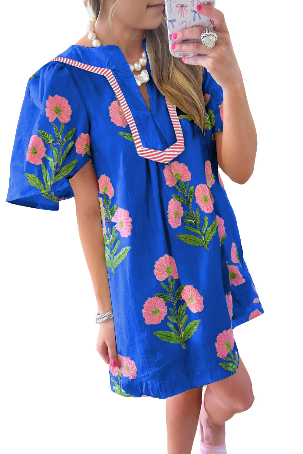 Apricot Floral Short Sleeve Split Neck Loose Mini Dress