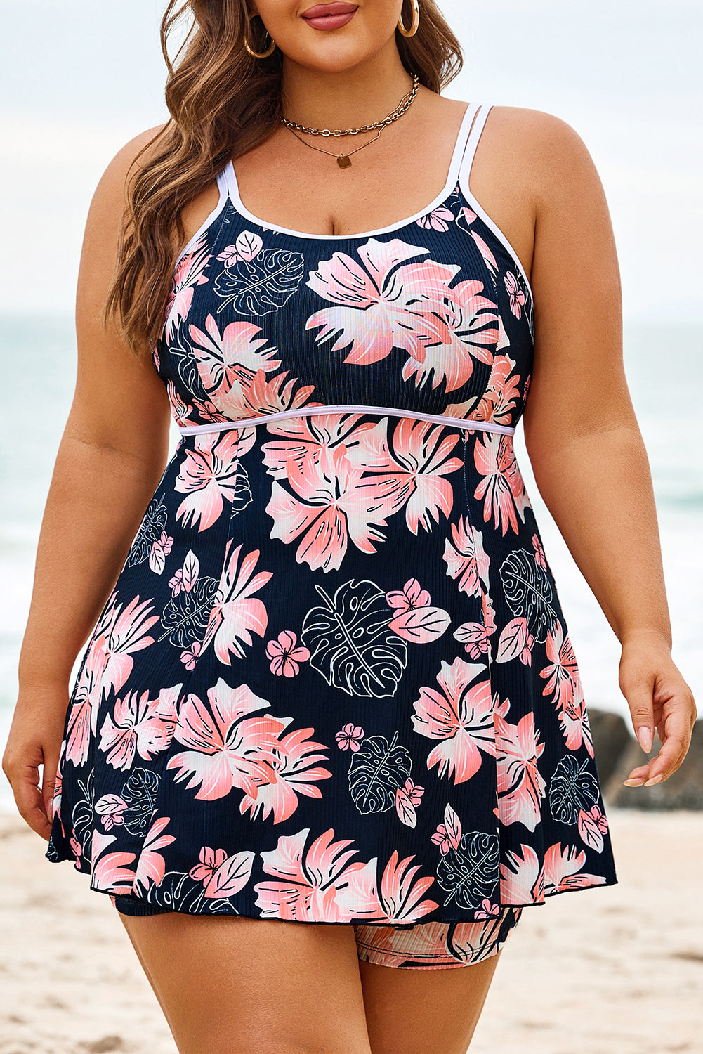 Skobeloff Plus Size Ribbed Contrast Trim Adjustable Straps 2pcs Swimsuit