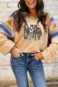 Light French Beige Sequined Western Horses Graphic Aztec Bubble Sleeve Western Fashion Sweatshirt