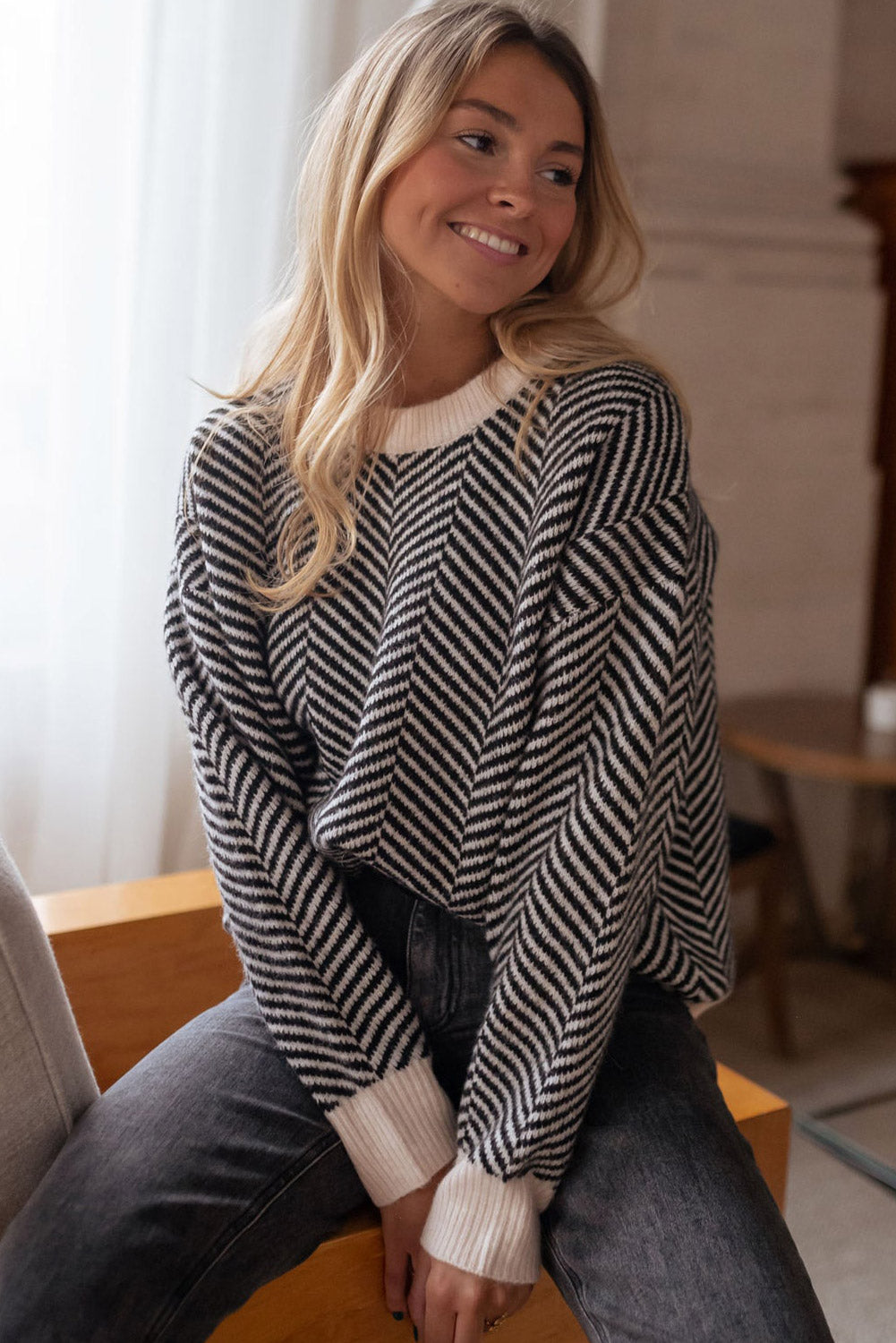 Coffee Contrast Edge Crew Neck Drop Shoulder Sweater
