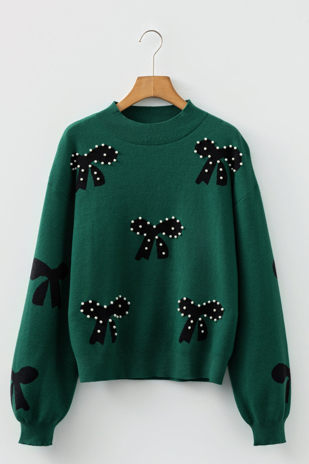 Bright Pink Pearl Embellished Bow Pattern Loose Sweater