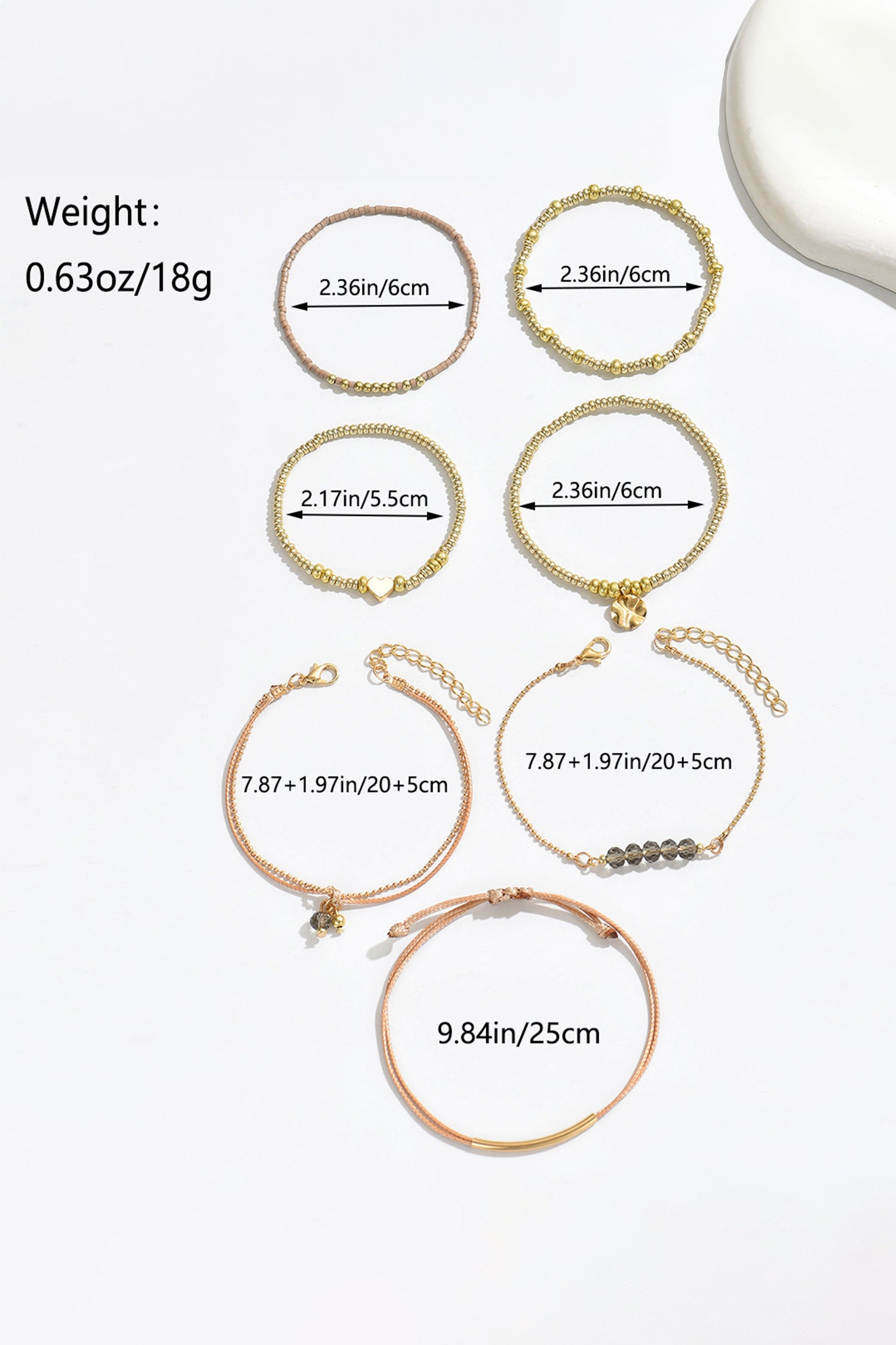 Gold 7pcs Bohemian Heart Bead Layered Bracelet Set