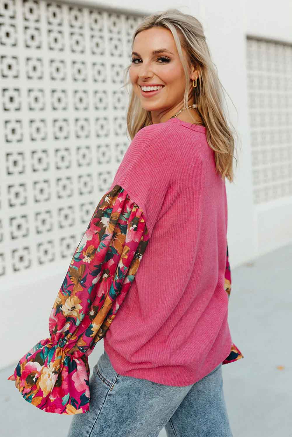 Bright Pink Floral Patchwork Flounce Sleeve Rib Knit Plus Top