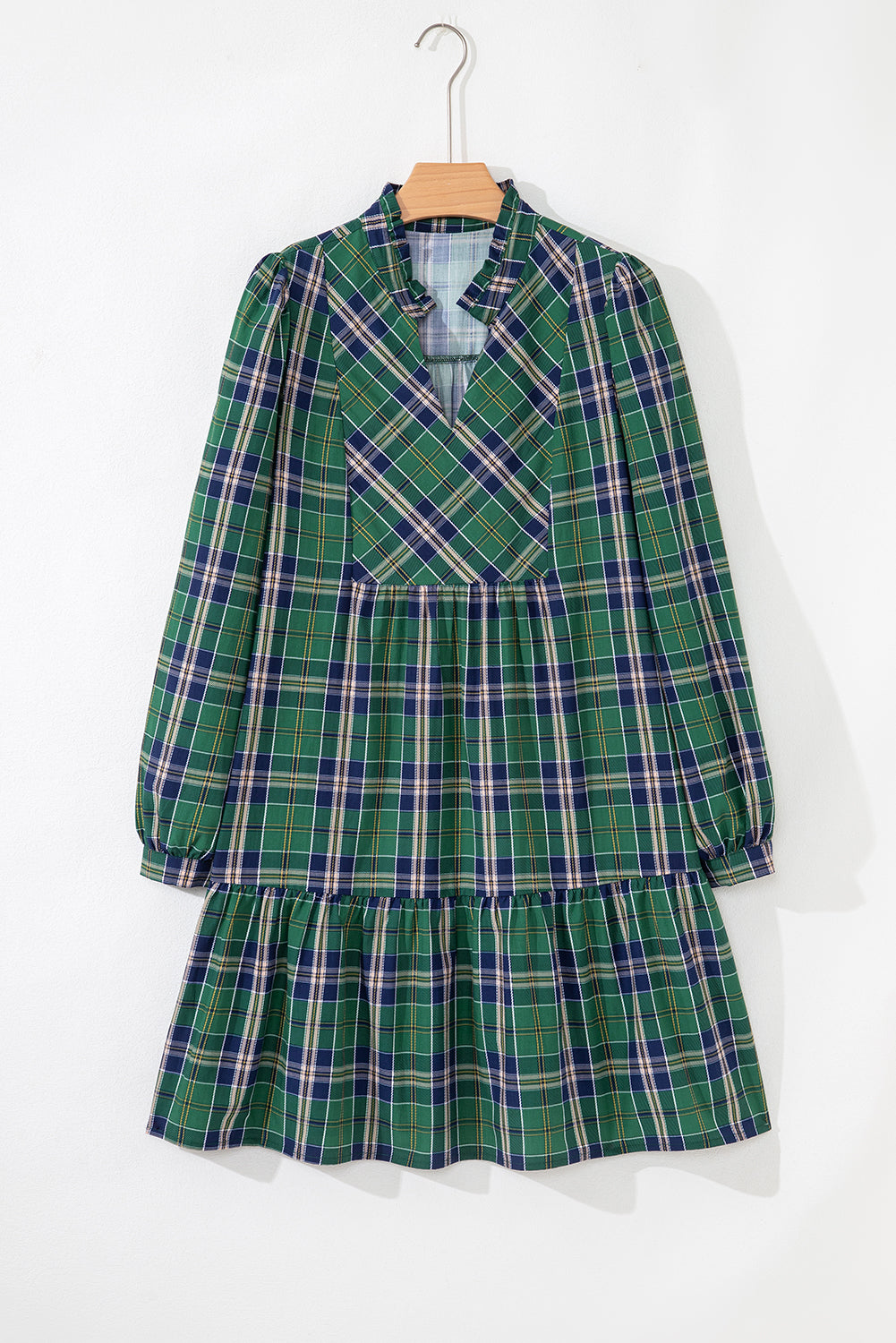 Green Plus Size Plaid Long Sleeve Notched Neck Shift Mini Dress
