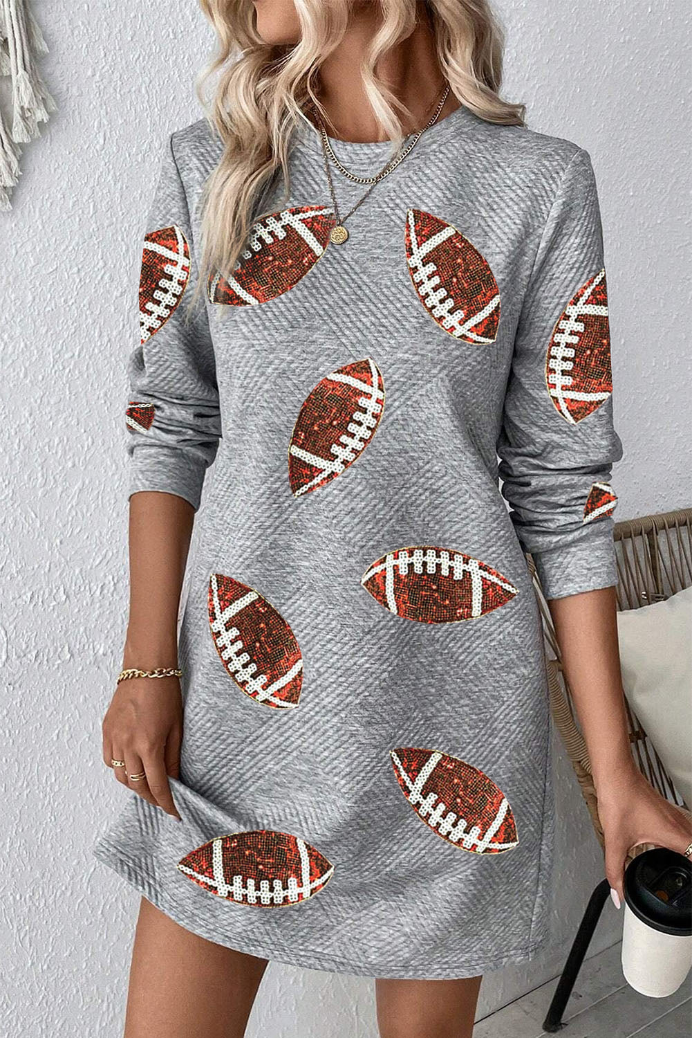 Gray Solid Color Textured Long Sleeve Shift Dress