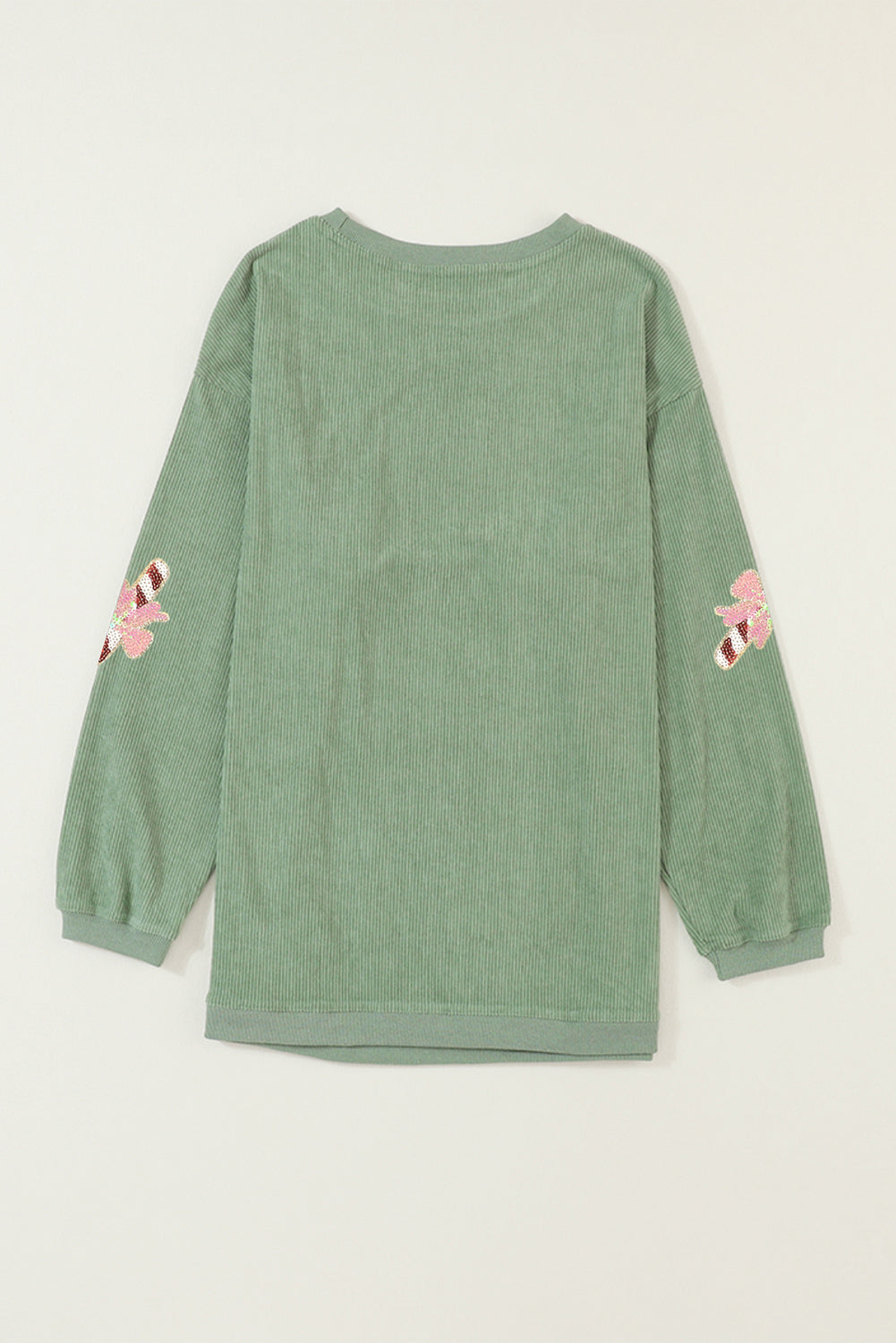 Grass Green Christmas Sequin Candy Cane Patched Corded Ribbed Baggy Sweatshirt