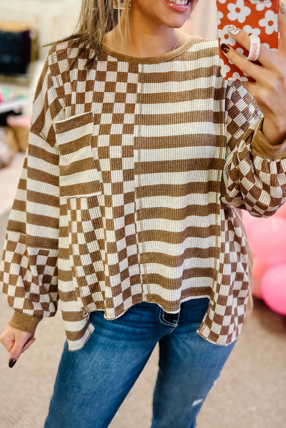Khaki Checkerboard Striped Patchwork Lantern Sleeve Pocketed Blouse