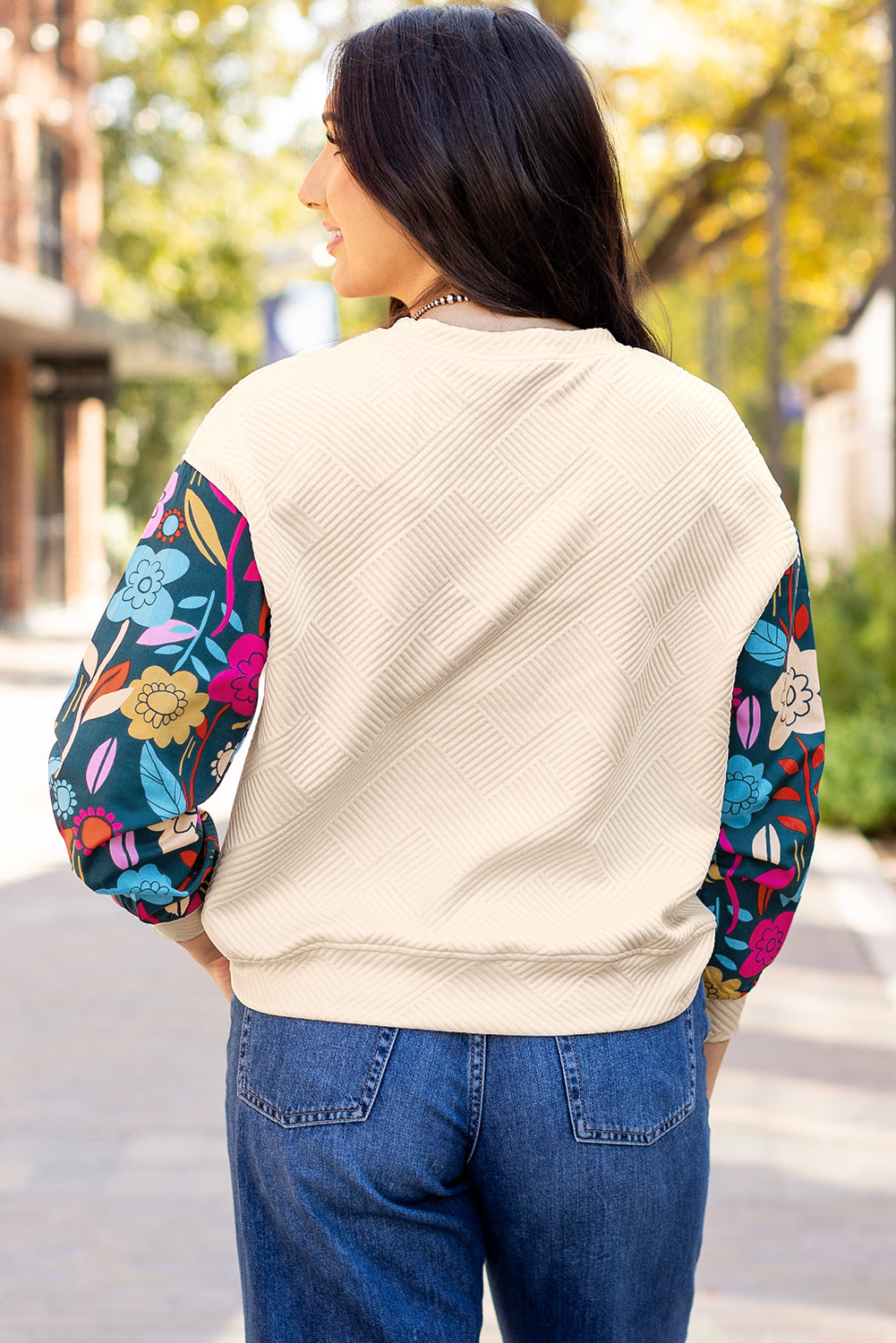 White Floral Patchwork Sleeve Textured Plus Size Pullover Top
