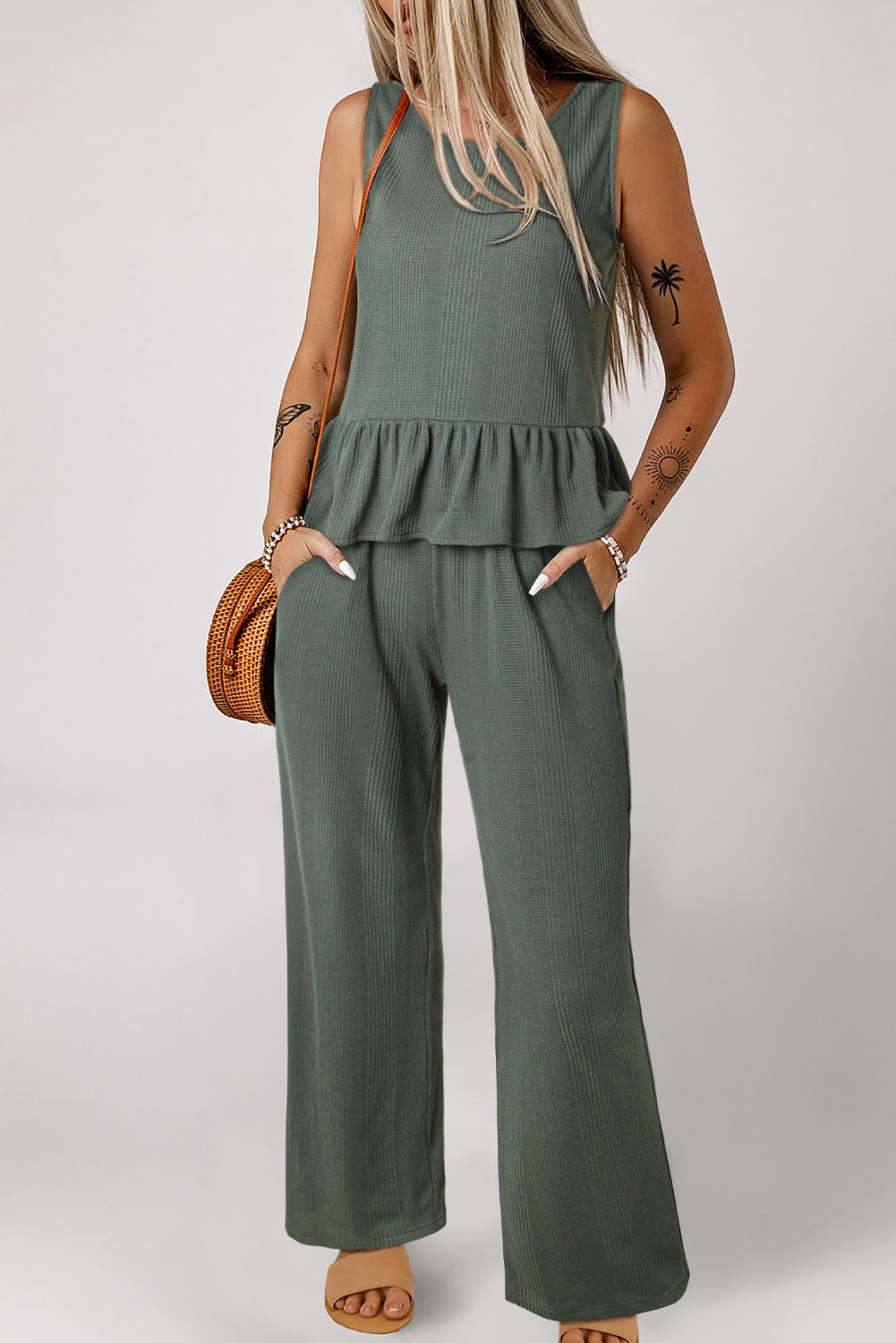 Beau Blue Solid Color Ribbed Ruffle Tank Top and Pants Set