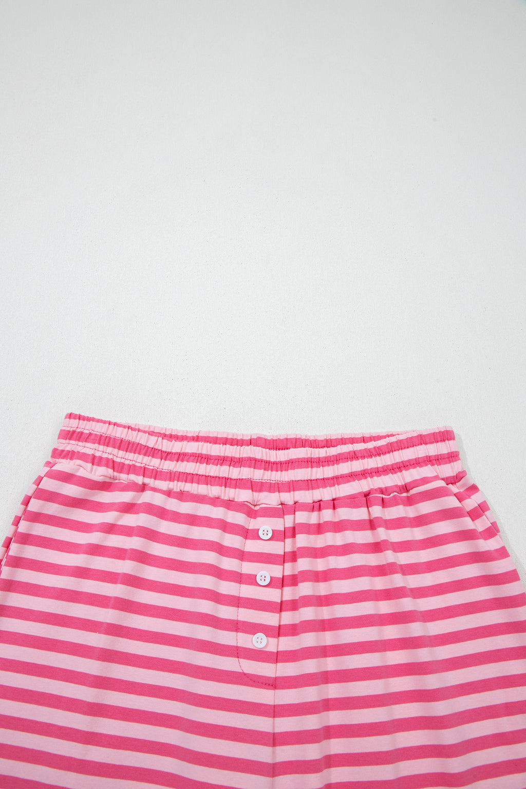 Rose Stripe Drop Shoulder Round Neck Top and Buttoned Straight Pants Two Piece Set