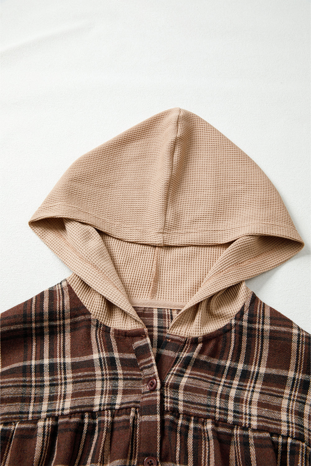 Gray Plaid Patchwork Long Sleeve Button Hooded Blouse