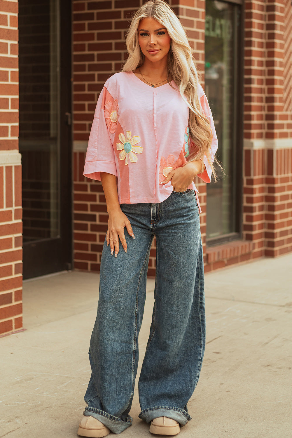 Light Blue Flower Patched Exposed Seam Bracelet Sleeve Oversized T Shirt