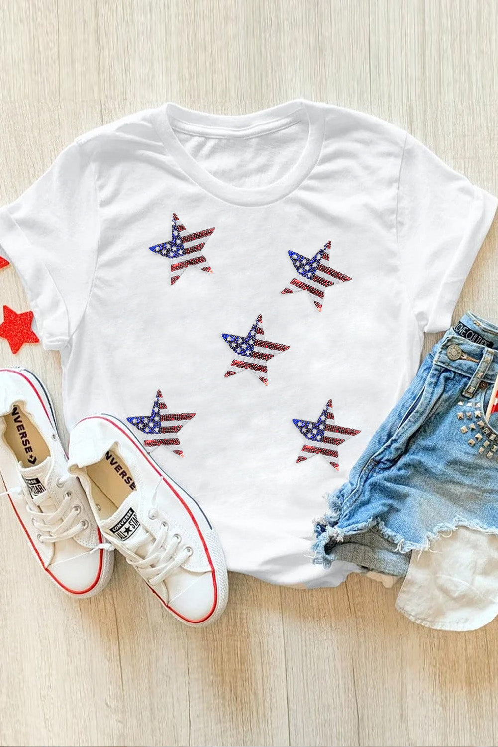 White Sequin American Flag Can Oversized Graphic Tee