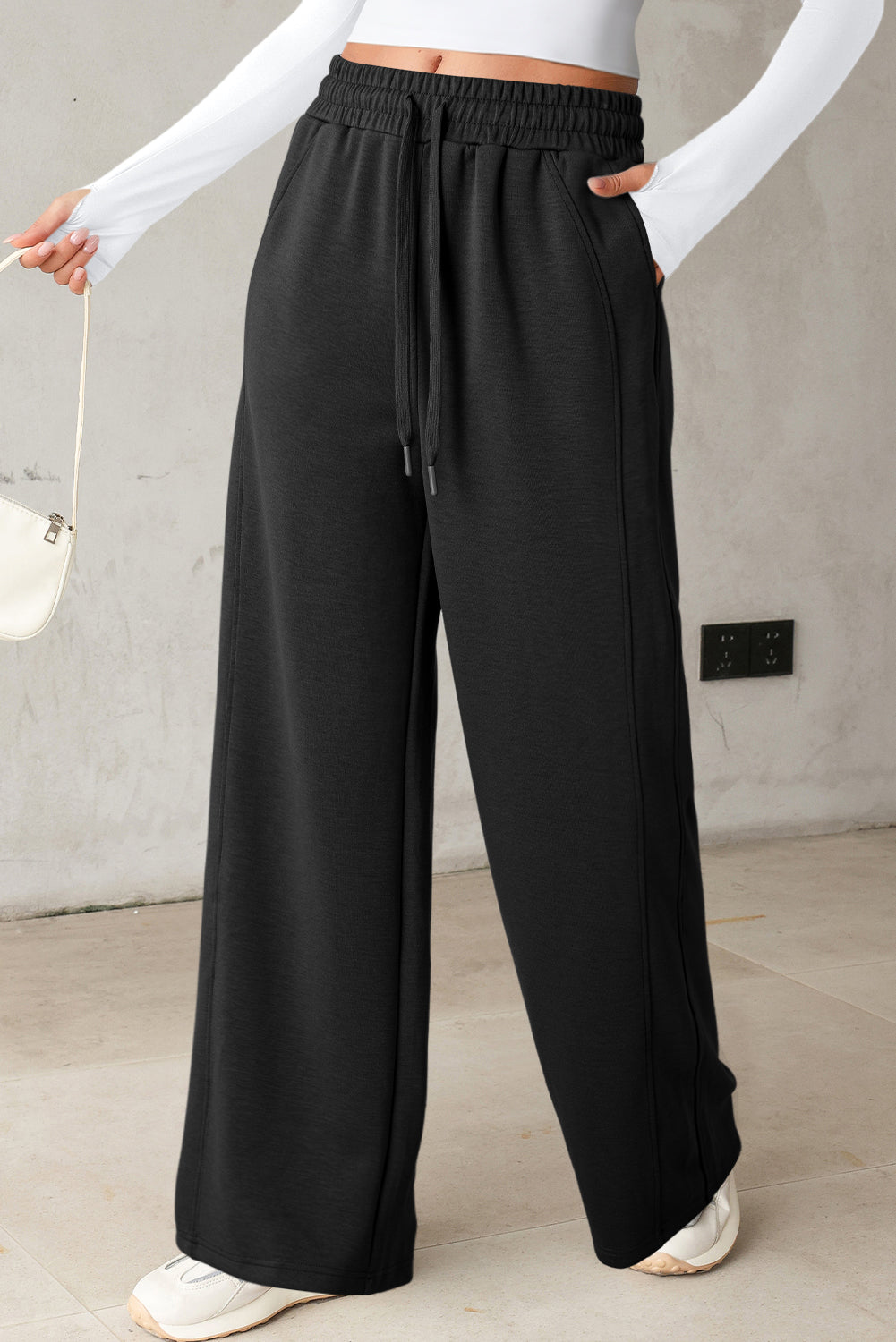 Black Scuba Drawstring Elastic Waistband Solid Color Sweatpants