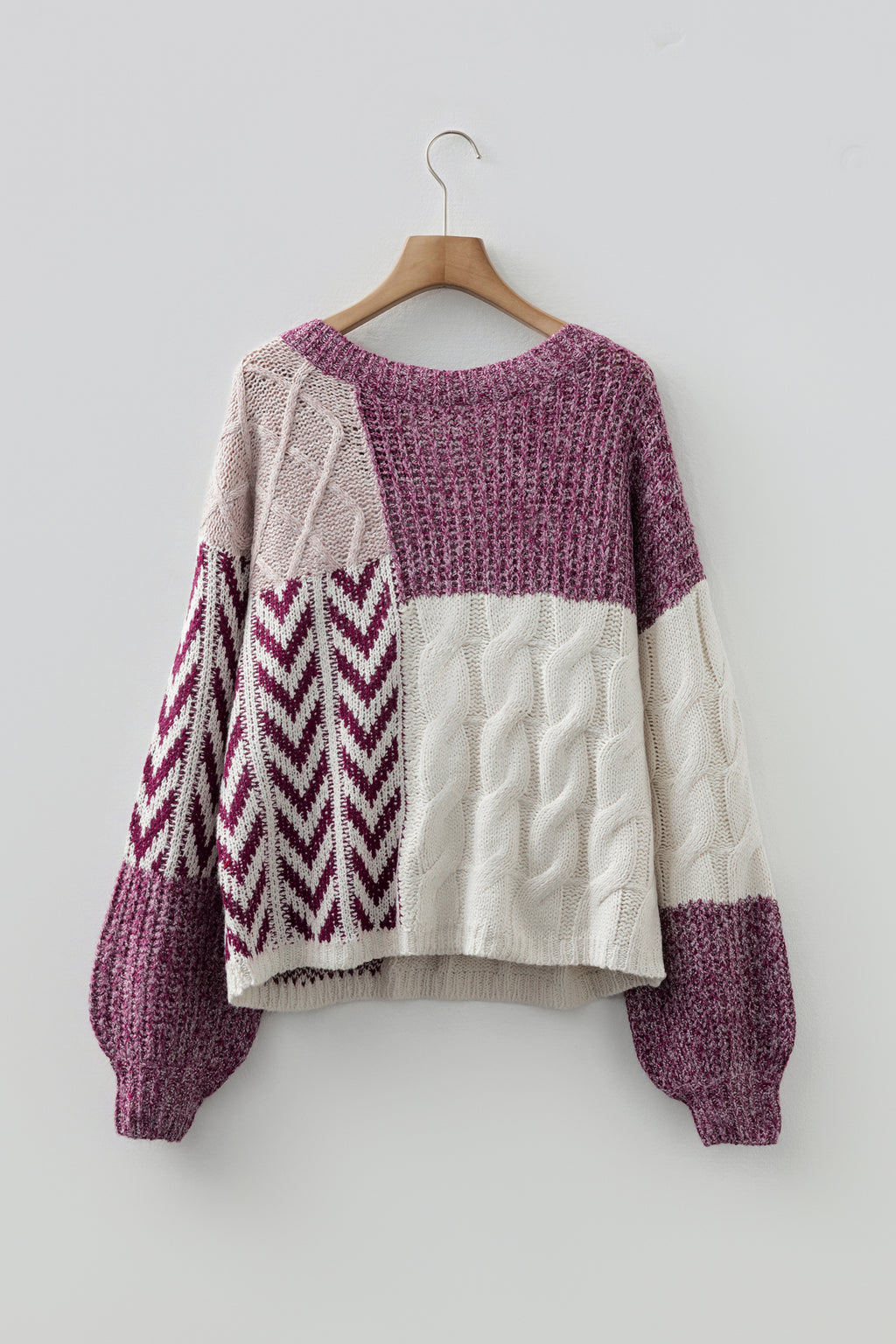 Brown Color Block Patchwork Knotted Back Loose Fit Sweater