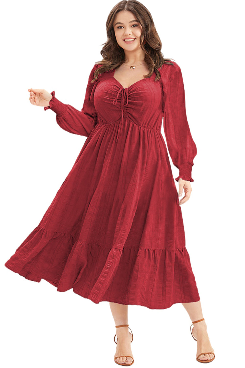 Black Lace-up Ruched Front Long Sleeve Ruffle Hem Plus Size Midi Dress