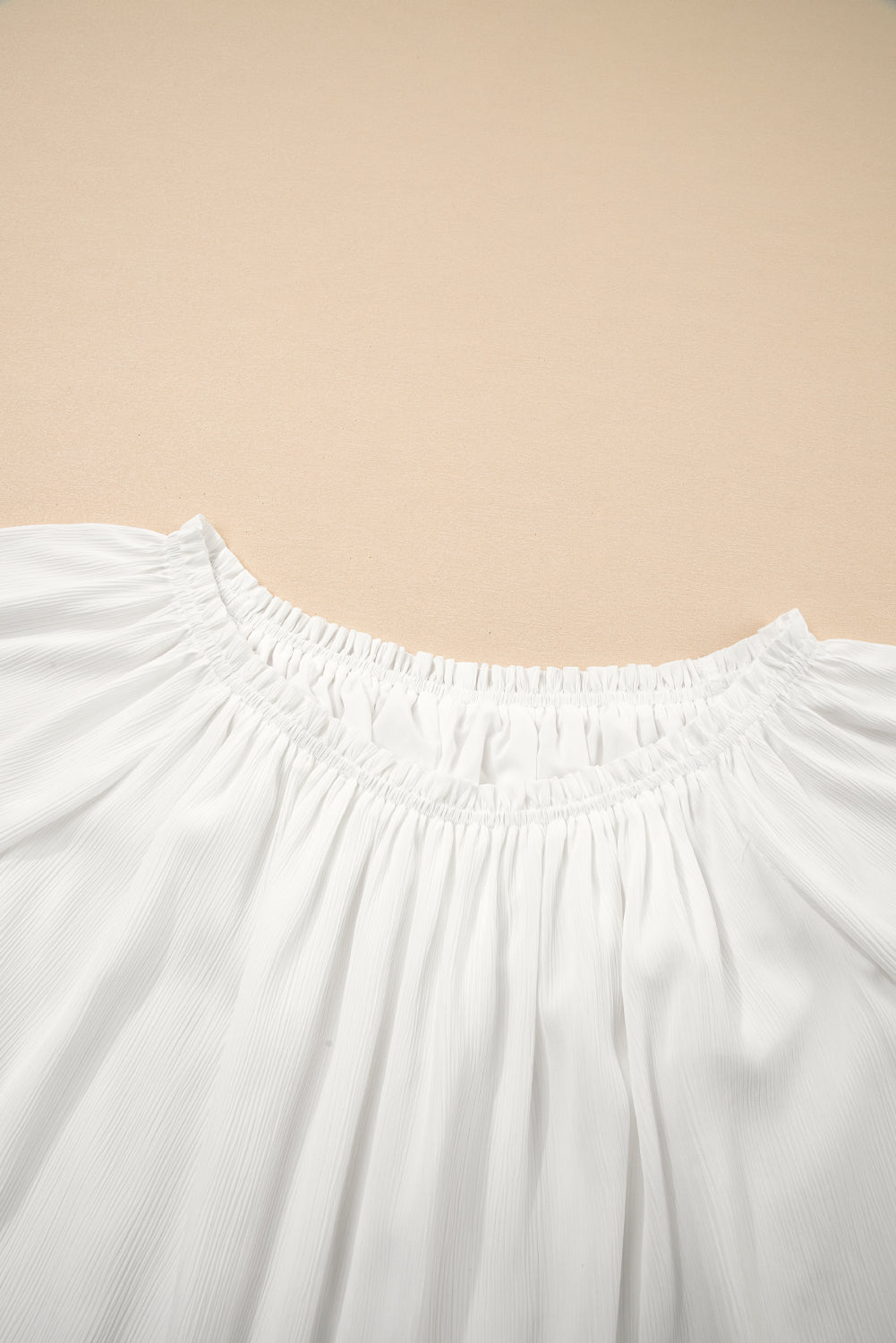 White Frilly Off Shoulder Lace Insert Sleeve Textured Blouse