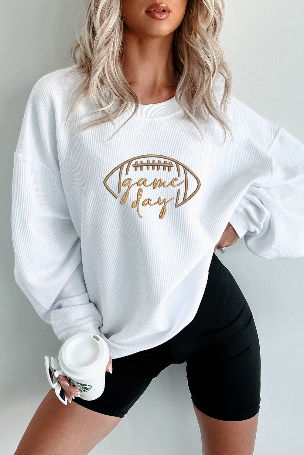 Apricot Rugby Game Day Embroidered Corduroy Sweatshirt