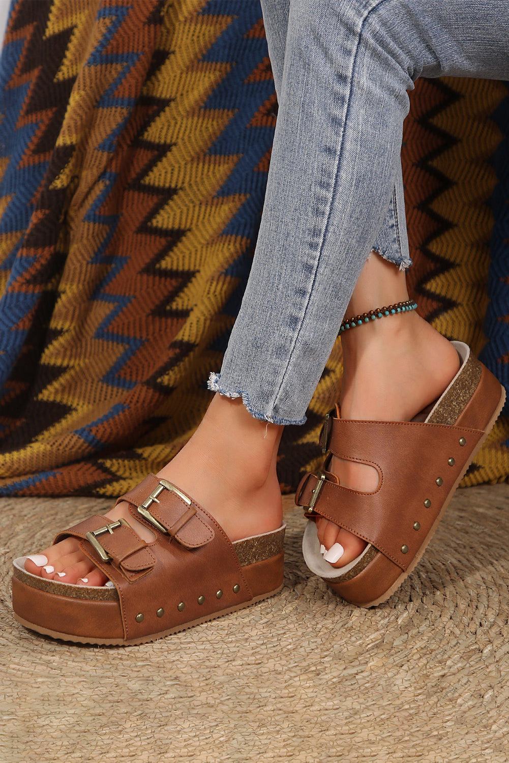 Chestnut Suede Buckle Decor Footbed Sandal Slippers