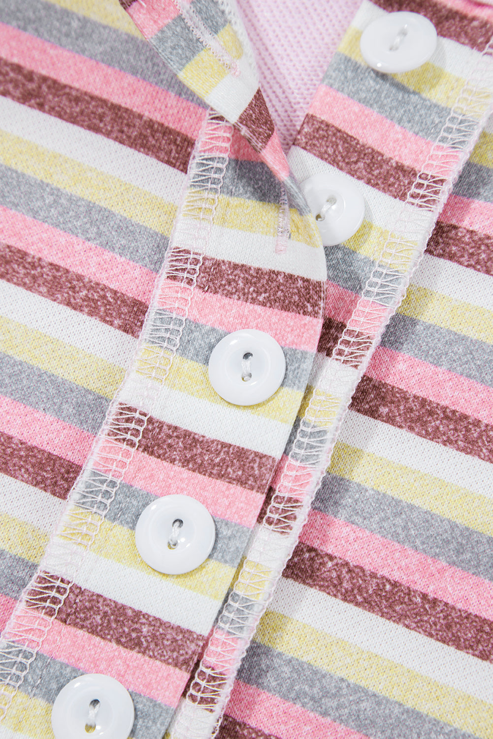 Pink Exposed Seam Color Block Striped Patchwork Loose Henley Sweatshirt